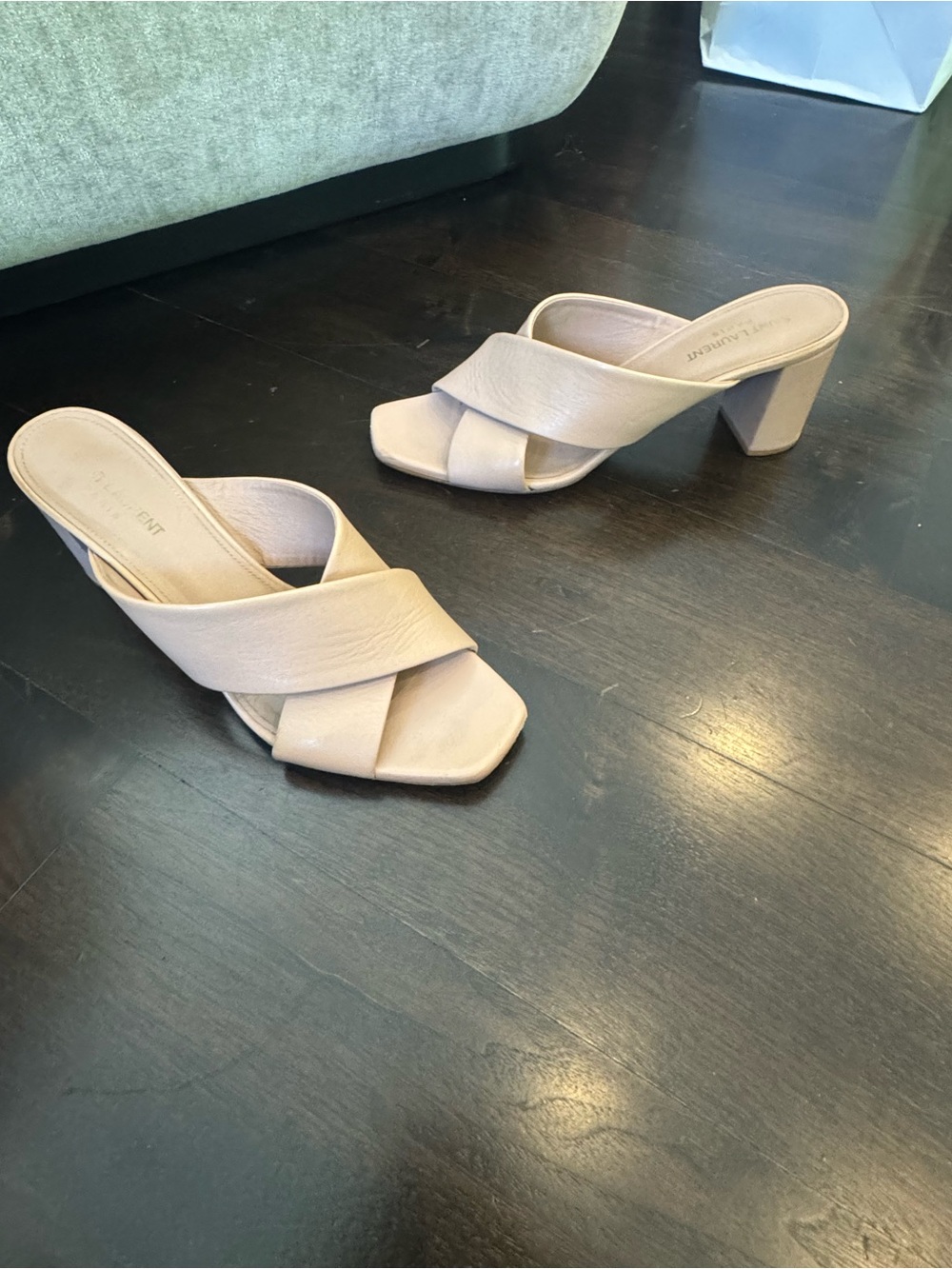 Saint Laurent Women's Nude Cross Strap Block Heel Mules